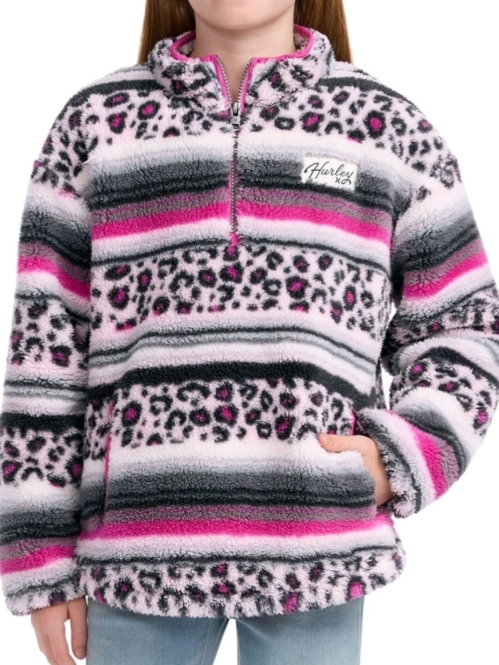 Hurley Pink, Gray & Black Striped Sherpa Half-Zip Pullover